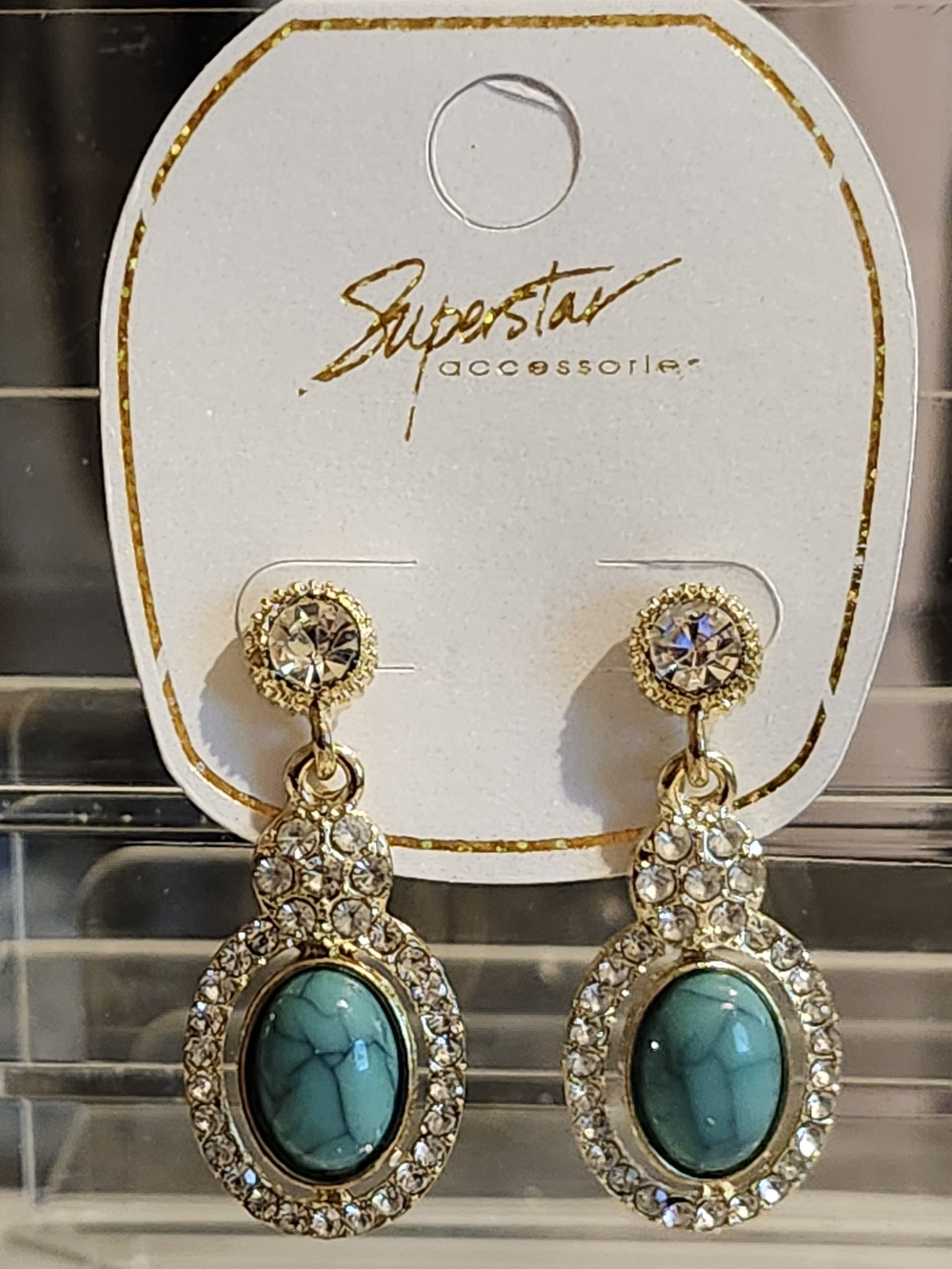 Turquoise Crystal Drop Earrings - Gold